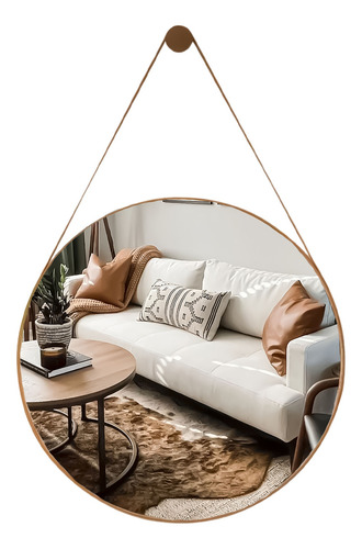 Espelho Adnet Design Clássico Com 60 Cm Alça De Couro Moldura Moldura Couro Caramelo