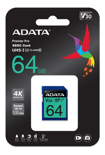 Imagen 1 de 2 de Memoria Sd Adata 64gb Premier Pro Graba Video En Ultrahd 4k