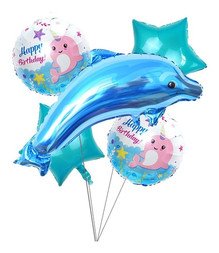 Globos Delfin Kit X 5 Globos Metalizado Baby Shower, Cumple