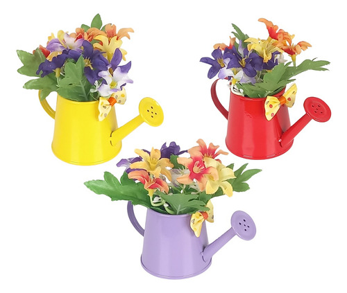 Kit Flores Coloridas + 3 Vasinhos Regadores Alumínio Vasos