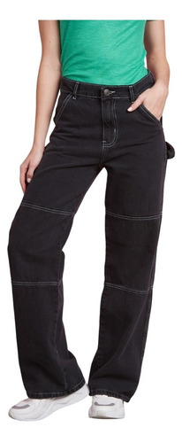 Pantalon Wide Leg Negro Con Recorte Mujer Cenitho