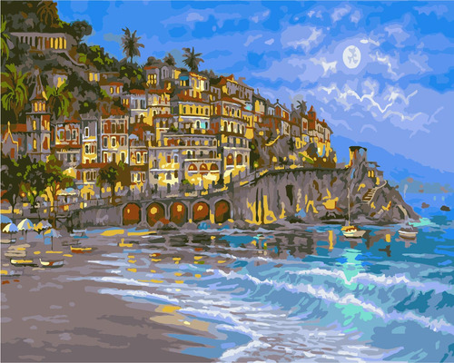 Pintura Por Número Costa Mediterráneo 40x50 Cuadro Bastidor