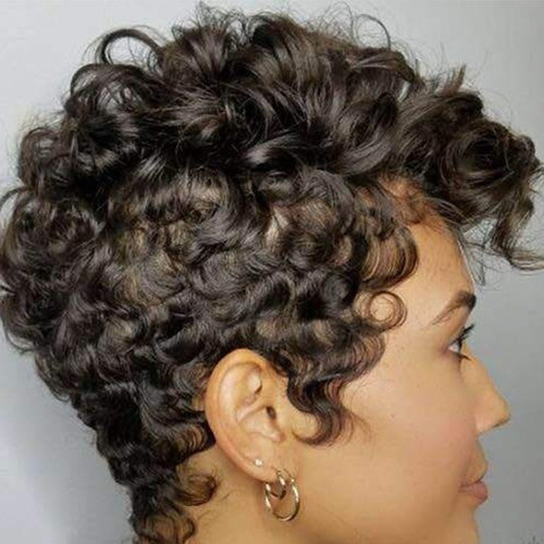 Wu- . Cabello Humano Natural Ondulado Corto Peluca Pequeña