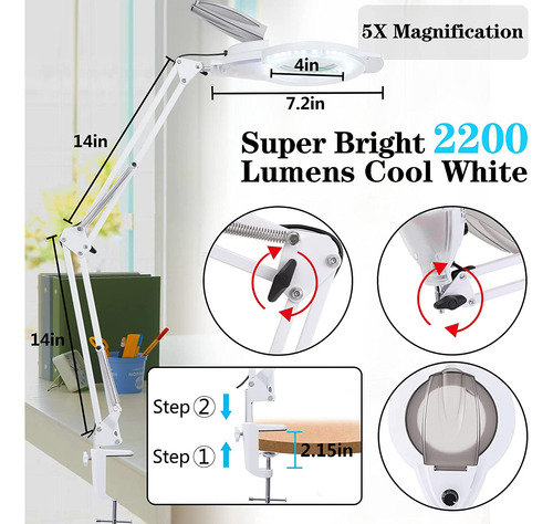 Lámpara De Pie Led De Lupa Con Abrazadera Color Blanco