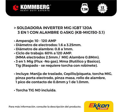 Imagen 3 de 8 de Soldadora Mig Flux 120 Amp Kommberg 3 En 1 Tig Mma C/alambre