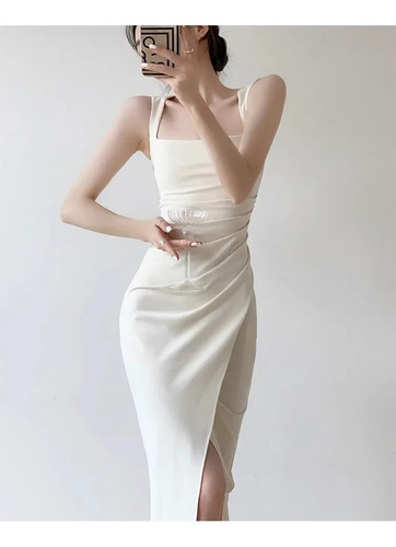 Vestido De Mujer De Estilo Francés Con Cuello Cuadrado Y Cin