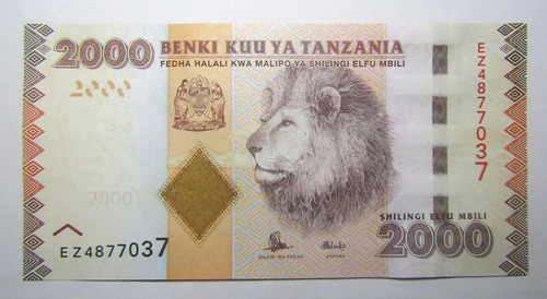 Tanzania Billete 2000 Shilling 2015 P 42 B Unc Leon Africano