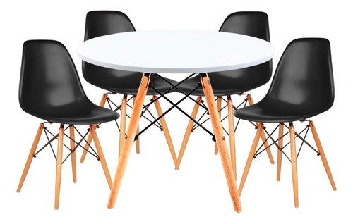 Juego Comedor Eames Mesa Redonda 80cm + 4 Sillas Eames Color Negro Diseño de la tela de las sillas Liso