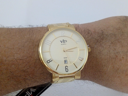 Relógio Vip Quartz Masculino Dourado Slim Banhado A Ouro