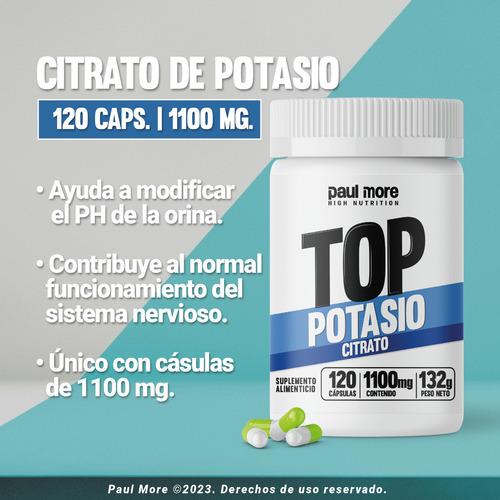 Imagen 5 de 5 de Citrato De Potasio 120 Cápsulas de 1100mg. Premium. Rinde 4 meses