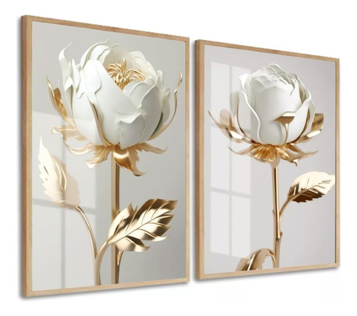 Quadros Decorativos Flores Douradas Hall Moldura Vidro 50x70