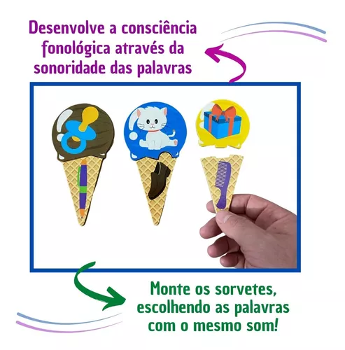 Jogo do Sorvete - Atividade de consciência fonológica, O Jogo do Sorvete  é uma atividade de consciência fonológica para o trabalho com a manipulação  silábica. Venha conferir em nosso site!