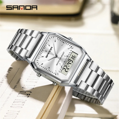 Reloj Digital Led De Doble Pantalla Sanda 747 De Acero Inoxi