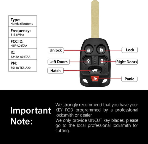 Reemplazo Para Honda Odyssey Key Fob Control Remoto 6 Botone
