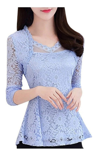 Blusa Casual Manga Larga Encaje Crochet Elegante Top