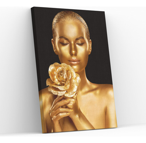 Quadro Canvas Tecido Mulher E Flor Pintada Dourada 100x150cm