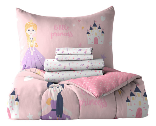 Juego De Cama Infantil 5 Piezas Microfibra Rosa Princesa