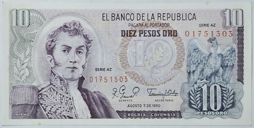 Billete 10 Pesos 07/ago/1980 Serie Az Colombia Au