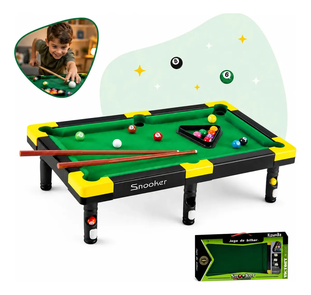 Jogo Mini Mesa Sinuca Bilhar Snoocker Infantil Mesinha Portátil Criança Infantil Completo Grande 48cm Kizumba