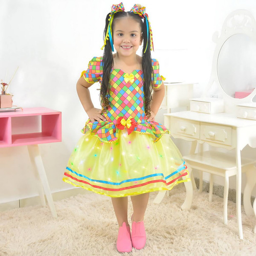 Vestido Festa Junina Xadrez Tule Amarelo Com Led + 2 Laço
