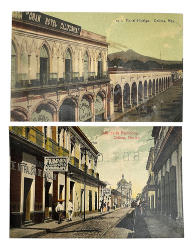 Portal Hidalgo Y Calle Republica Colima 2 Postales Antiguas (Usado)
