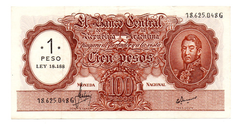 Billete 100 M$n Resellado $1 Ley, Bottero 2201, Año 1969 Mb 