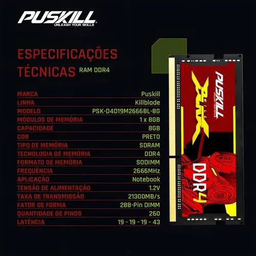 Memória RAM Puskill Killblade 8GB DDR4 2666MHz SODIMM Notebook