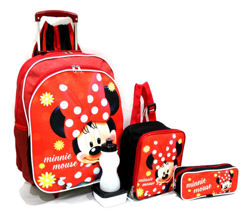 Kit Mochila Infantil Minnie Lacinho Flores G Rodinha Escolar Cor Vermelho Desenho Do Tecido Minnie Vermelha