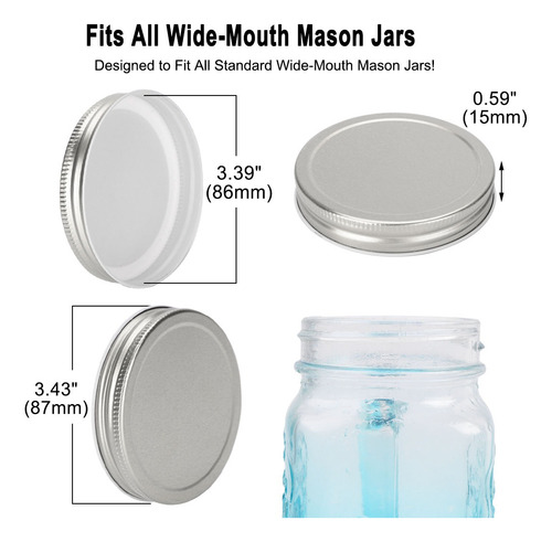 10 Tapa Para Tarro Mason Jar De Boca Ancha 87mm Dia Plateado