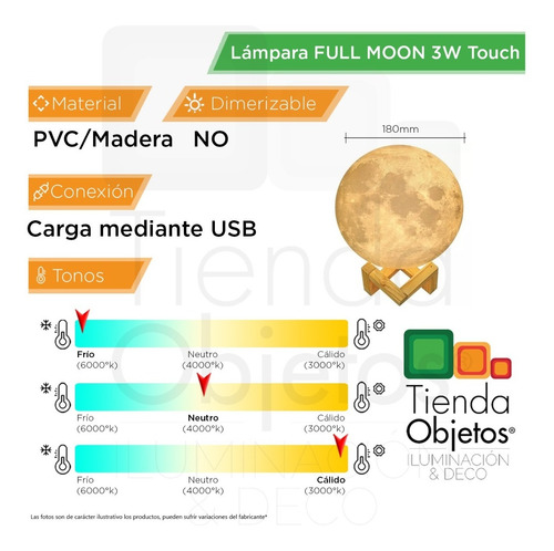 Imagen 3 de 10 de Lámpara De Mesa Fullmoon Luna Táctil Led 3w Carga Usb
