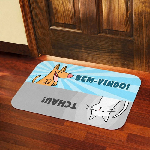 Divertido felpudo Welcome Dog Bye Cat, color azul y gris, diseño de tela Welcome And Bye