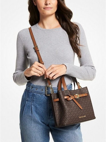 Bolso transversal Emilia Signature de Michael Kors y correa para el cuello, marco de herrajes, color dorado, marrón, diseño de tela MK/Gold MK