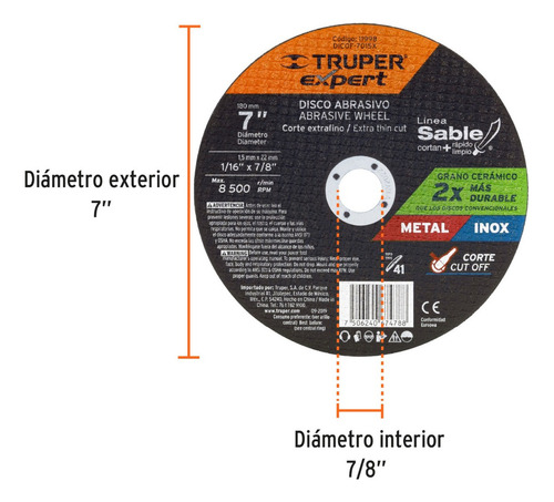 Disco De Corte Metálico 7 X 1.5 Mm, Truper Expert