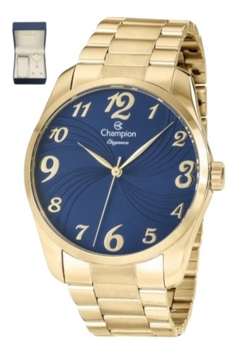 Relógio Feminino Grande Champion Dourado Para Presente Cor do fundo Azul-marinho