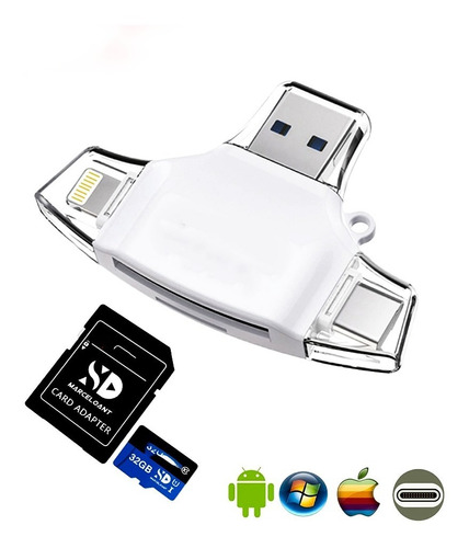 Lector Memoria Sd Y Tf - 4 En 1   Usb A - C - V8 - Lightning