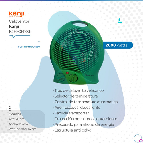 Imagen 2 de 8 de Caloventor Kanji Con Termostato Redondo Verde Kjh-ch103