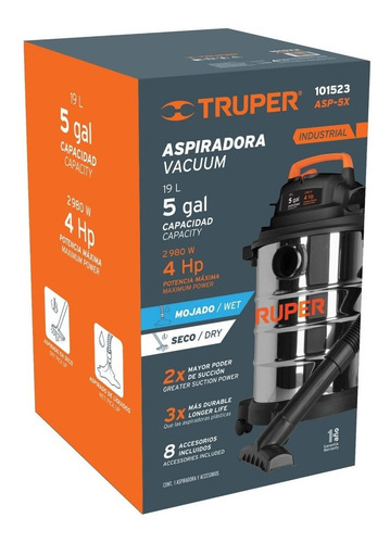 Imagen 2 de 2 de Aspiradora industrial De tacho Truper ASP-5X 19L acero inoxidable y negra 127V 60Hz