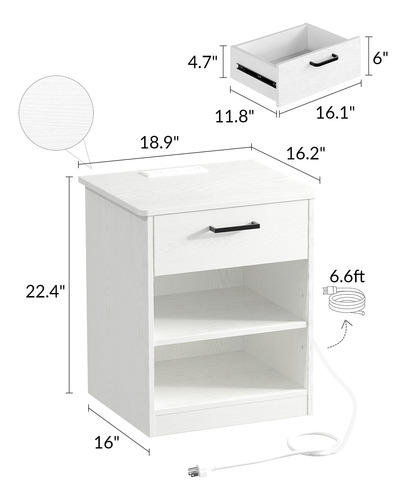 Mesa Auxiliar Blanca Con Carga Rápida Y Cajón Para Dormitori
