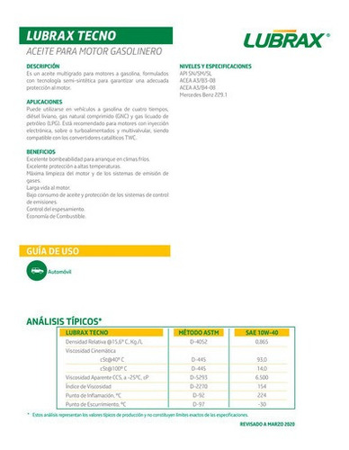 Aceite para motor Lubrax semi-sintético 10W-40 para autos, pickups & suv de 1 unidad x 4L