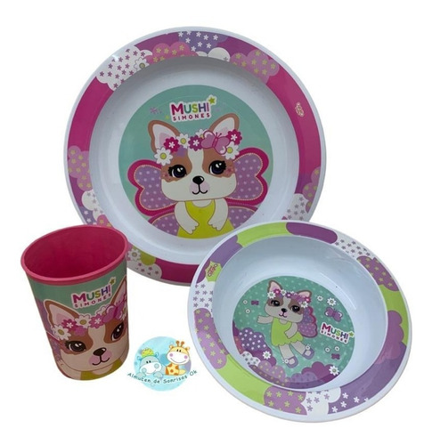 Combo Bazar Infantil Plato Playo + Bowl + Vaso Simones Mushi