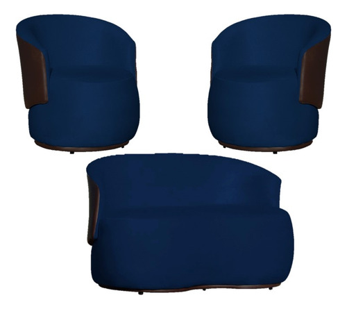 Kit Namoradeira + 2 Poltronas Beatriz Crm Veludo Bege Cor Suede Azul Marinho Desenho Do Tecido Suede