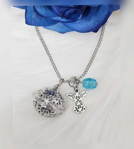 Collar Con Llamador De Ángeles Del Ángel De La Guarda Plateado Y Celeste
