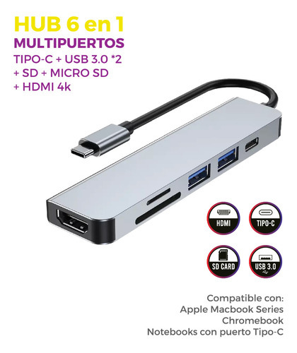 Hub Usb Tipo C 6 En 1 / Hdmi 4k*2k / 2*usb 3.0 / Tipoc / Sd