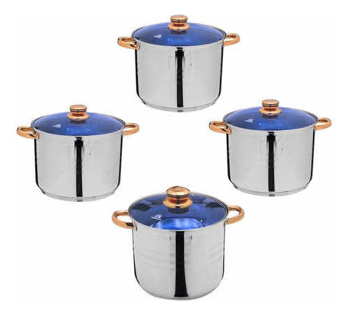 4 Olla Cacerola De Acero Inoxidable Y Tapa De Vidrio 8 Pz Color Plateado