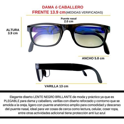 Lente Lectura Vista Cansada Anti Luz Azul Plegable Graduado Antifatiga Negro Brillante 3.00