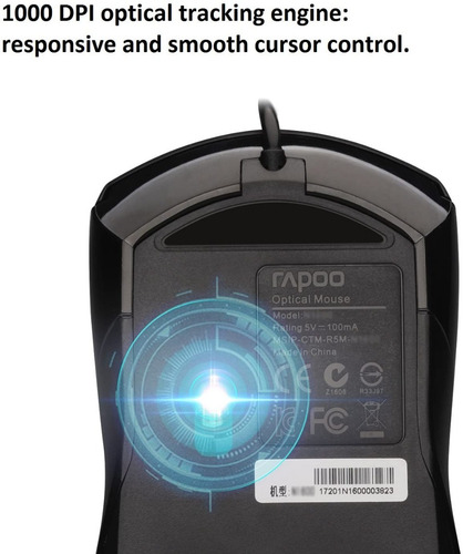 Rapoo N1600 Ratón Silencioso Con Cable De 3 Botones, Optico