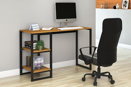 Mesa Escrivaninha Home Office Prateleiras Estilo Industrial Cor Canela/Preto