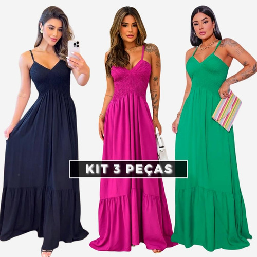 Kit 03 Vestido Logo Decotado Drapeado No Busto