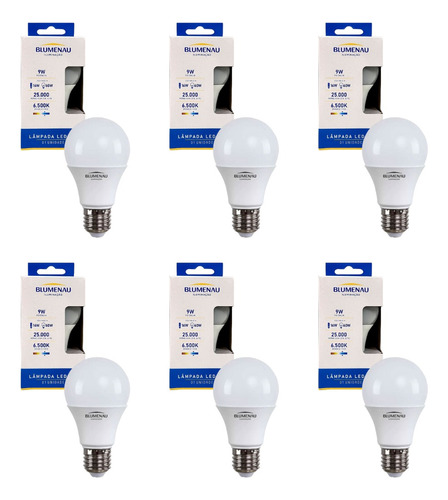 Kit 6 Lâmpada Led 9w Bulbo Soquete E27 Bivolt Casa Comércio