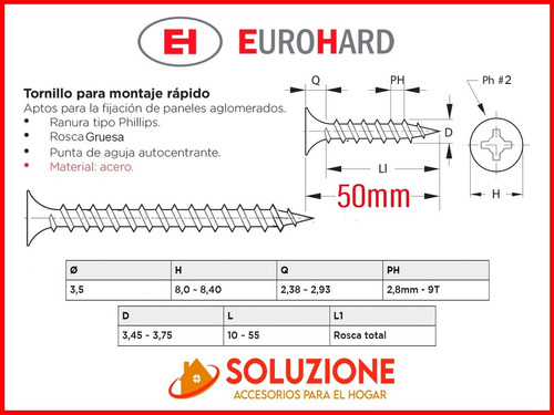 Tornillo Autoperforante 3,5 X 50 X 4000 Unid Eurohard Negro